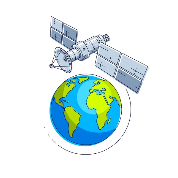 Comunicazione Satellite Volo Orbitale Intorno Alla Terra Stazione Spaziale Veicolo — Vettoriale Stock