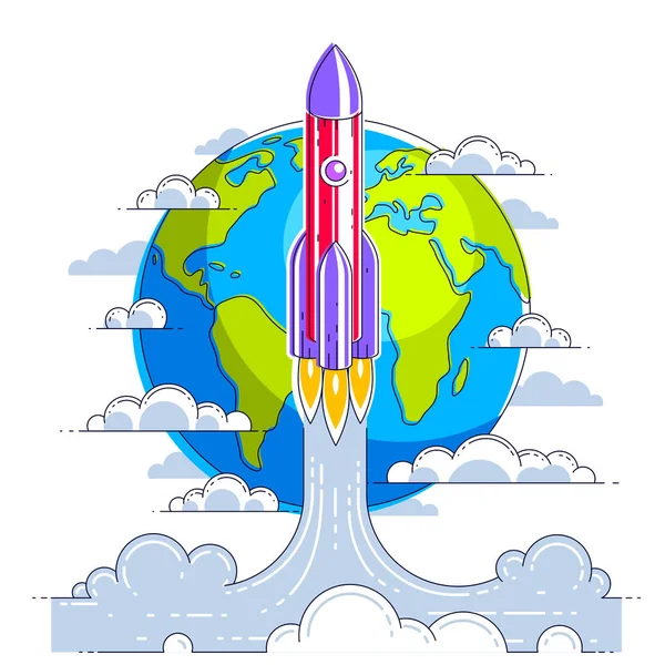 Ракета Починається Землі Космос Щоб Виявити Невідомі Галактики Досліджуйте Всесвіт — стоковий вектор