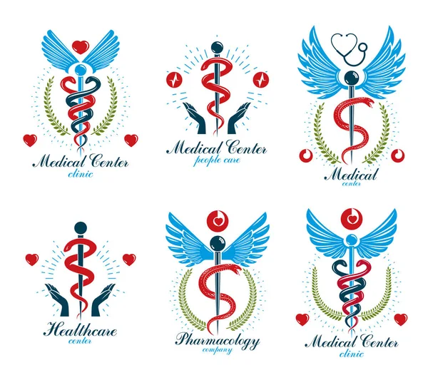 Logotipos Abstratos Vetor Grego Aesculapius Compostos Com Asas Formas Coração — Vetor de Stock