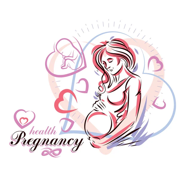 Elegante Schwangere Körpersilhouette Zeichnung Vektor Illustration Der Werdenden Mutter Streichelt — Stockvektor