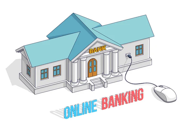 銀行のコンピューターのマウスを使って建物接続 オンライン バンキング 白い背景で隔離の漫画 等尺性ベクトルのビジネスと金融の図では の薄いライン設計します — ストックベクタ
