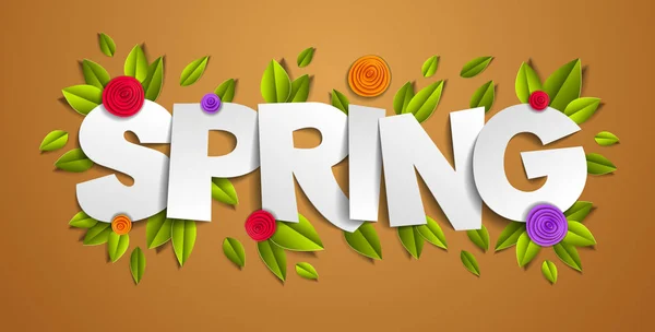 Frühling Papiergeschnittenes Wort Mit Blumen Und Blättern Vektor Modernen Stil — Stockvektor