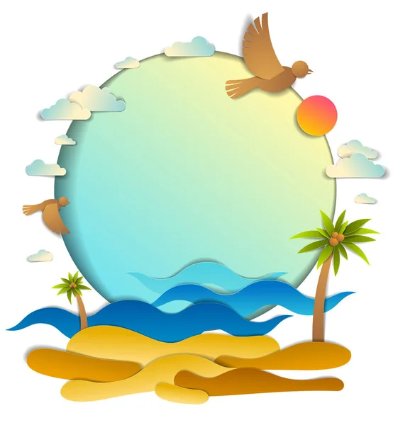 有手掌的海滩 海浪完美的海景 天空中的鸟儿云彩和阳光 相框相间的背景 夏季海滩度假主题文件剪裁风格的矢量插图 — 图库矢量图片