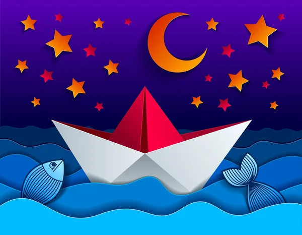 Origami Brinquedo Navio Papel Nadando Noite Com Lua Estrelas Ondas —  Vetores de Stock