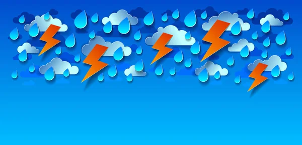 Thunderstorm Lightning Falling Water Drops Vector Modern Style Paper Cut — Stock Vector