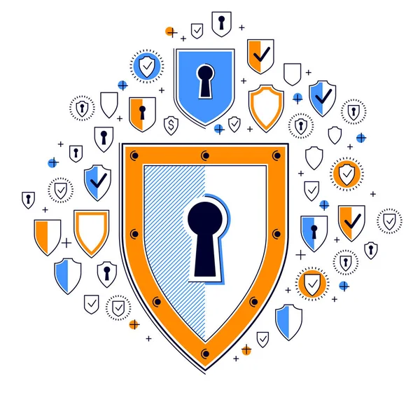 Escudo Conjunto Ícones Conceito Segurança Internet Antivírus Firewall Proteção Financeira —  Vetores de Stock