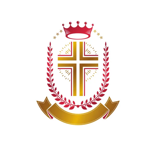 Christian Cross Golden Emblem Created Royal Crown Laurel Wreath Luxury — Stock Vector