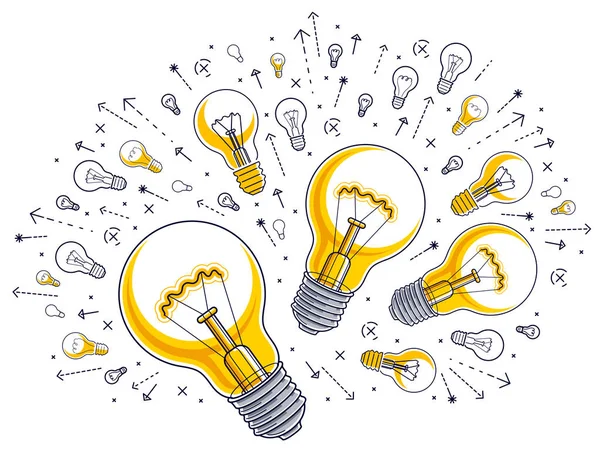 Lysande Glödlampa Och Uppsättning Glödlampor Ikoner Idéer Kreativa Koncept Brainstorm — Stock vektor