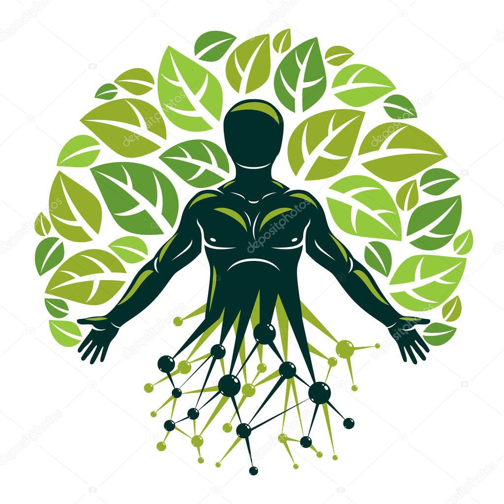 Vector individual, mystic character made using molecular connections and eco tree leaves. Recycling and reuse concept, renewable resources idea.