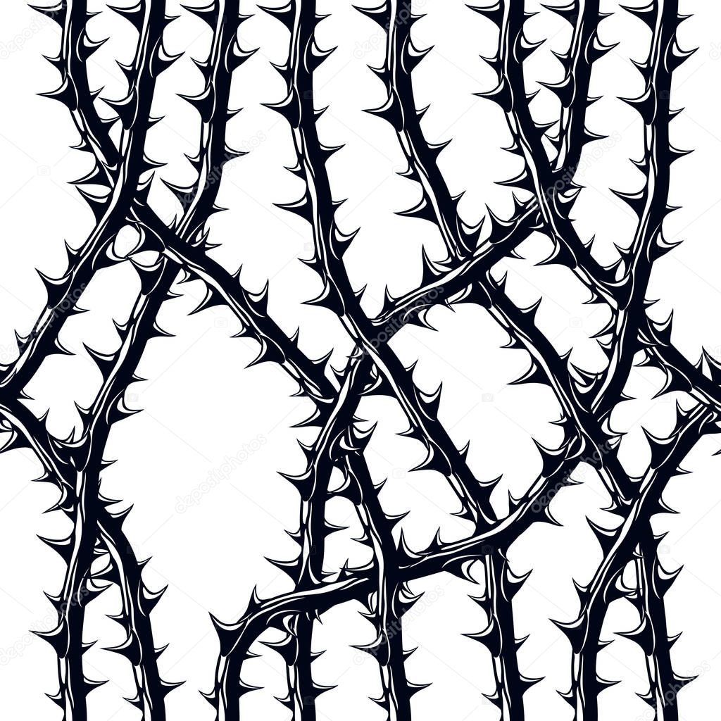 Horror style horrible seamless pattern, vector background. Blackthorn branches with thorns stylish endless illustration. Hard Rock and Heavy metal subculture music textile fashion stylish design.