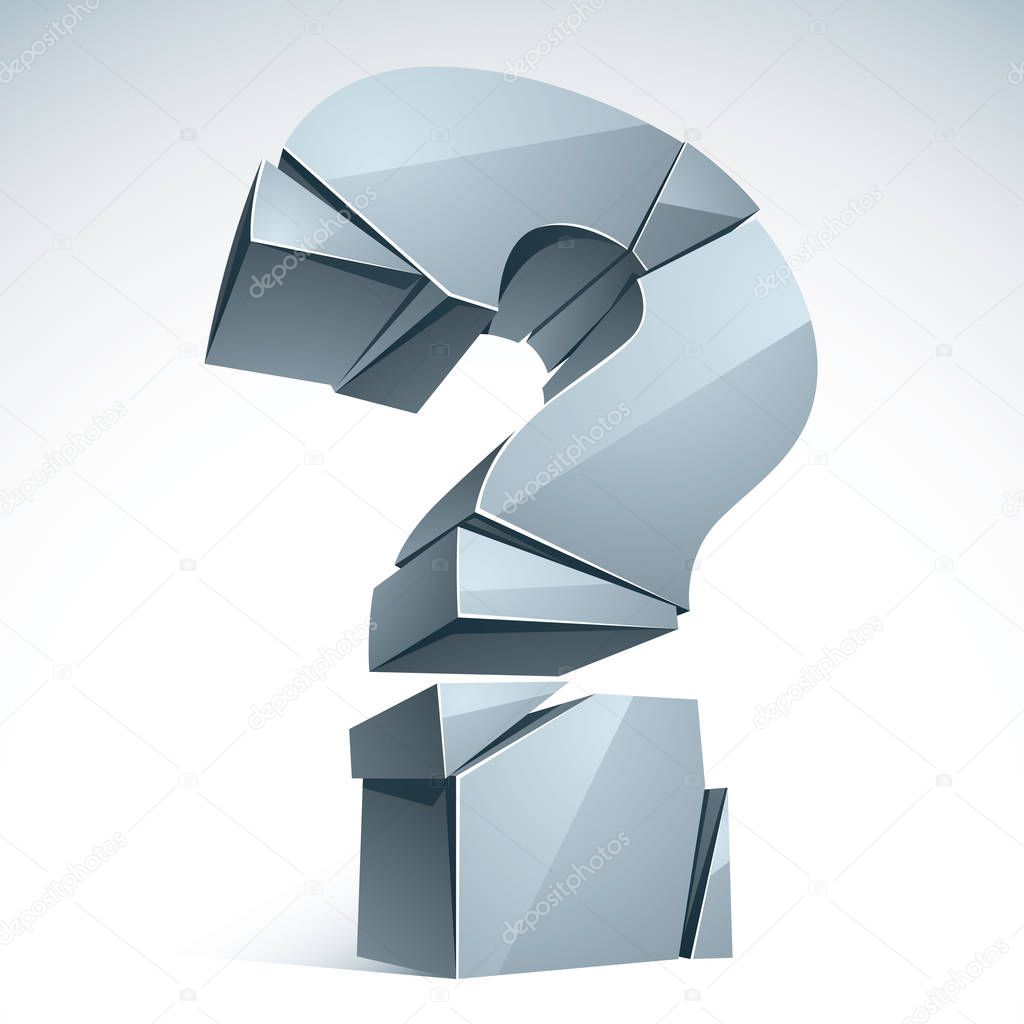 Broken Question Mark exploding, Query breaking to pieces, vector 3d realistic illustration. Special character conceptual symbol, doubt, difficulty, FAQ and support concept.