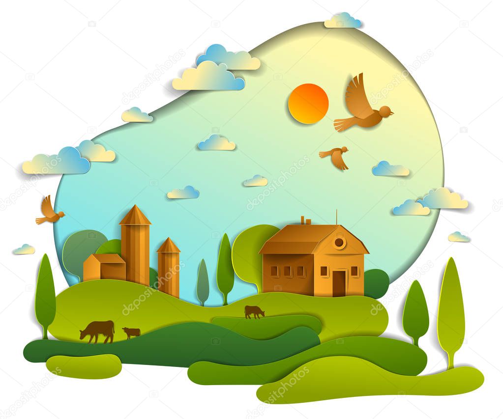 Scenic landscape of farm buildings among meadows trees and birds in the sky, vector illustration of summer time relaxing nature in paper cut style. Countryside beautiful ranch.