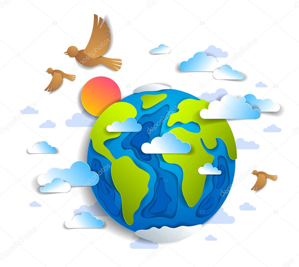 Cartoon earth clouds birds flying and sun vector modern style paper cut 3d illustration. Optimistic and positive freedom feeling concept design.