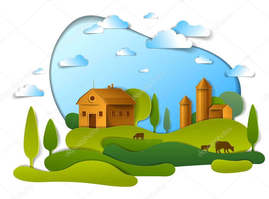 Scenic landscape of farm buildings among meadows trees and clouds in the sky, vector illustration of summer time relaxing nature in paper cut style. Countryside beautiful ranch.  