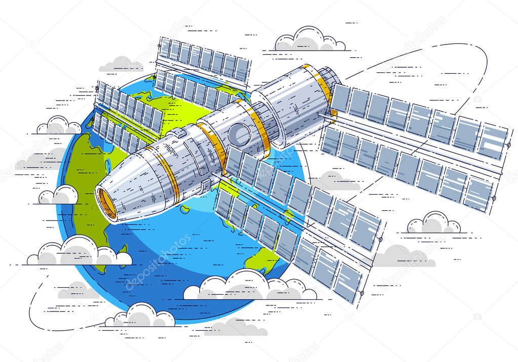 Space station flying orbital spaceflight around earth, spacecraft spaceship iss with solar panels, artificial satellite. Thin line 3d vector illustration.