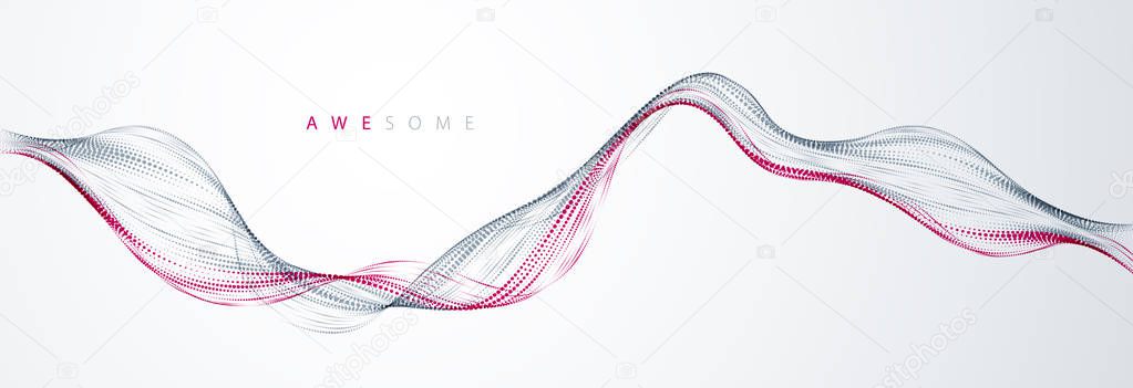 Vector abstract background with wave of flowing particles, smooth curve shape lines, particle array flow. 3d shape dots blended mesh, future technology relaxing wallpaper.