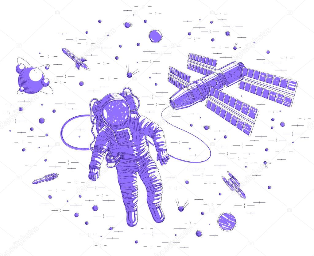 Spaceman flying in open space connected to space station, astronaut man or woman floating in cosmos and iss spacecraft surrounded by undiscovered planets and stars. Vector illustration isolated.