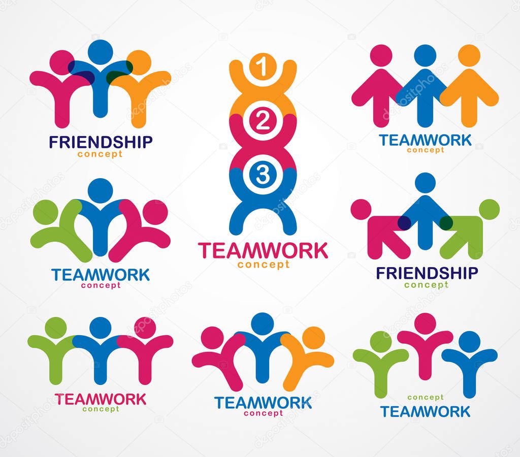 Teamwork businessman unity and cooperation concepts created with simple geometric elements as a people crews. Vector icons or logos set. Friendship dream team, united crew colorful designs.