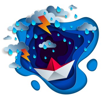 Origami paper ship toy swimming in thunderstorm with lightning, dramatic vector illustration of stormy rainy weather over ocean with toy boat struggles to survive. clipart