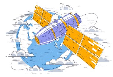 Uzay istasyonu Dünya 'nın yörüngesinde uçan uzay aracı, güneş panelleri ve yapay uydularla donatılmış uzay gemisi. İnce çizgi 3d vektör çizimi.