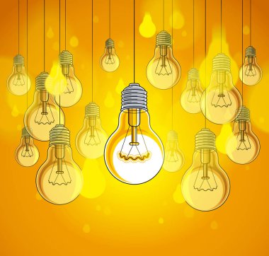 Ampuller güzel vektör illüstrasyonları, tek bir parlak fikir, fikir konsepti, farklı düşün, kalabalıktan uzak dur, yaratıcı ilham kaynağı.