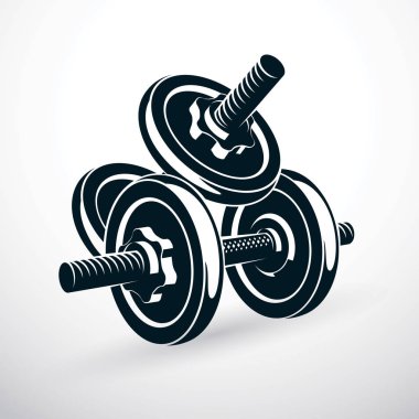 Dumbbell vektör çizim üzerinde beyaz disk ağırlık ile izole. Güç kaldırma ve fitness eğitim için Spor donatımı.