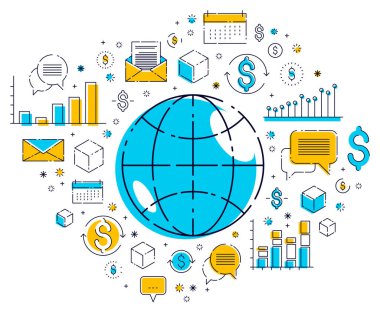Küresel iş kavramı, dolar simgelerine sahip dünya gezegeni, uluslararası ekonomi, döviz kuru, internet küresel ağ bağlantısı, vektör, elementler ayrı olarak kullanılabilir.
