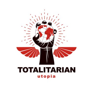 Yükseltilmiş kolu dünya Küre, vektör logo tutar. Propaganda aracı olarak küresel ideoloji empoze, bilgi dağıtımını yöntemi.