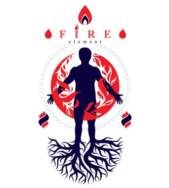 Ağaç kökleriyle bezenmiş atletik bir adamın vektör çizimi, ateş topuyla kaplanmış güçlü bir enerji demeti olarak ateş insanı..