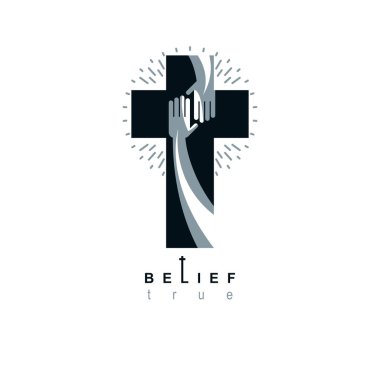 Christianity Cross true belief in Jesus vector symbol, Christian religion icon. Hand of believer extends to the hand of God, helping and love of Jesus. clipart