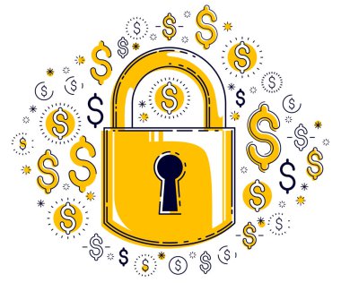 Dolar para simgeleri, elektronik para koruma konsepti, tasarruf sigortası, güvenli iş, kişisel hesap şifresi, vektör tasarımı ile çevrili asma kilit.