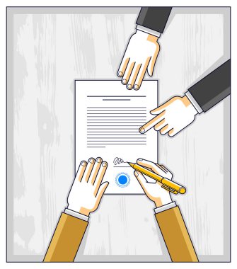 Businessman signs contract paper document or bank customer write a sign on financial form of money credit and employee helps him and explains the terms of loan, top view of people hands. Vector. clipart