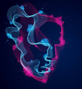 Güzel vektör insan yüzü portresi, noktalı parçacık dizisinden yapılmış insan kafasının sanatsal çizimi, Yapay Zeka, bilgisayar programlama yazılımı arayüzü, dijital ruh.