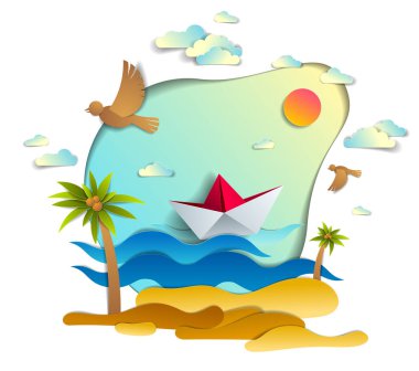 Kağıt gemi deniz dalgaları ile güzel bir plaj ve avuç içi, origami katlanmış oyuncak kuş ve bulutlar gökyüzünde güzel doğal deniz manzarası ile okyanusta yüzen tekne Yüzme, vektör.