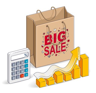 Hesap makinesi ve büyüme grafik istatistikleri, büyük bir indirim var, ihanet, perakende, Black Friday indirim, beyaz arka plan üzerinde izole Eko kağıt torba ile alışveriş çantası. 3D izometrik çizim vektör.