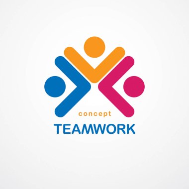 Takım çalışması ve arkadaşlık kavramı basit geometrik elementlerle yaratıldı. Vektör simgesi ya da logo. Birlik ve işbirliği fikri, iş adamlarından oluşan rüya takımı renkli tasarım.