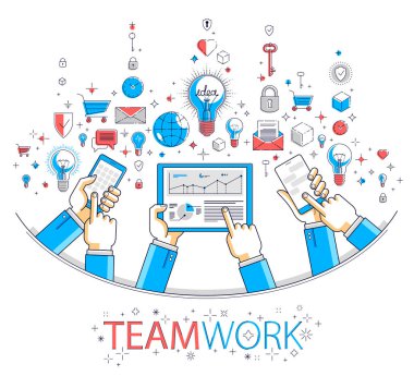 Internet ekip çalışması online ekibi çalışma ve telefonları ve tablet, vektör çizim alet ve apps, işadamları ellerini kullanarak iletişimi sahip.