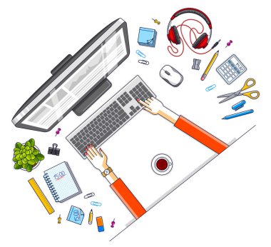 Ofis çalışanı ya da girişimci masası çalışma yeri elleri, bilgisayarı ve çeşitli kırtasiyeleri olan iş yeri, üst görünüm. Tüm elementleri ayrı ayrı kullanmak kolaydır. Vektör illüstrasyonu.