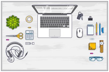 Office çalışan veya girişimci Danışma işyerinde dizüstü bilgisayar ve metin için kopya yer ile çeşitli ileti örneği nesnelerle çalışmak için. Tüm öğeleri ayrı ayrı kullanımı kolay. Vektör.