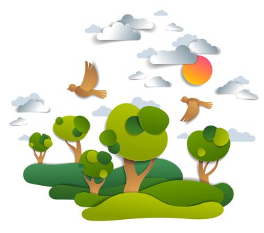 Doğal peyzaj çayırlar ve ağaçlar, kuşlar ve güneş, yaz alanları ve otlaklar ile bulutlu gökyüzü vektör çizim kağıt kesme çocuklar tarzı. Yaz tatili kırsal, seyahat ve Turizm.