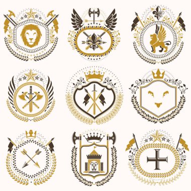 Vektör klas hanedan arması. Blazons topluluğu vintage tasarımında stilize ve oluşturulan grafik öğeleri, Kraliyet kron ve bayrak, yıldız, kuleleri, Tophane, dini haçlar.