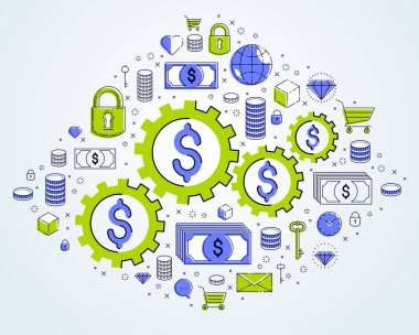 Ekonomi sistemi ve iş konsepti, dolar işaretleri ve ikon setli dişliler ve dişliler mekanizması, sistematik iş ve finans faaliyetlerinin kinayeli tasarımı, vektör illüstrasyonu.
