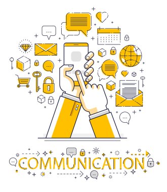 Internet iletişim ve etkinlik, eller, telefonları tutarak ve uygulamaları kullanarak küresel ağ, modern iletişim, messenger, online ödeme ve alışveriş, vektör tasarım adam.