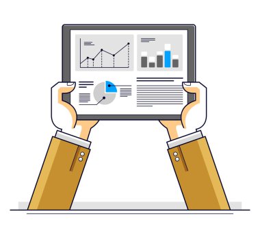 İnternet iletişimi ve etkinliği, erkek eli tableti tutuyor ve uygulamaları kullanıyor, küresel ağ, modern iletişim, haberci ya da sosyal medya kavramı, vektör tasarımı.