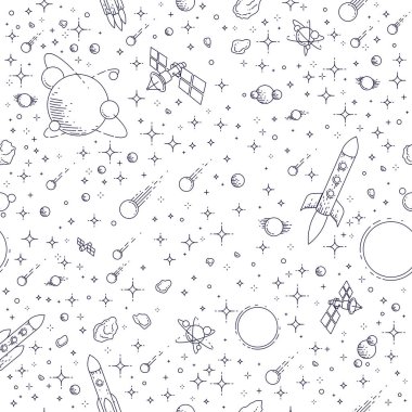 Roketler, gezegenler ve yıldızlar sorunsuz arka plan boşluk, keşfedilmemiş gökada kozmik fantastik ve ilginç tekstil kumaş, sonsuz çocuklar için illüstrasyon karikatür motifi vektör desen, fayans.