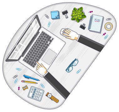 Ofis çalışanı veya girişimci iş Danışma işyeri eller ve dizüstü bilgisayarı ve çeşitli ileti örneği nesnelerle çalışma, en iyi görünüm için. Tüm öğeleri ayrı ayrı kullanımı kolay. Vektör çizim.