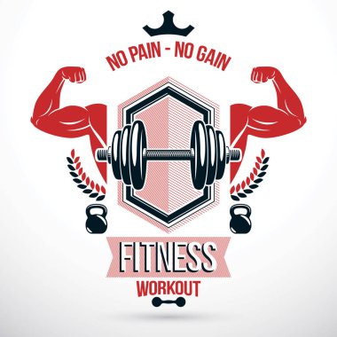 Güçlü sporcu pazı kol, disk ağırlık aptal bell ve su ısıtıcısı çan Spor donatımı ile oluşturulan grafik vektör amblemi. Vücut geliştirme ve fitness spor amblemi template