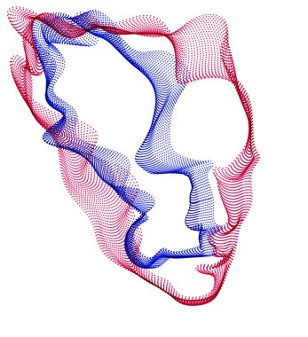 Dijital elektronik zamanın ruhu, insan kafasının yapay zeka vektör çizimi noktalı parçacıklar dalga çizgileri, parçacık akışı, makinenin teknolojik ruhu..