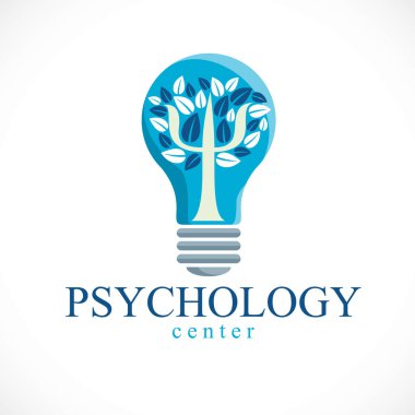 Psychology concept vector logo or icon created with Greek Psi symbol as a tree with leaves inside of idea light bulb, mental health concept, psychoanalysis analysis and psychotherapy therapy. clipart