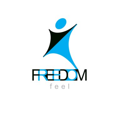 Vektör çizim mutlu soyut birey ile yükseltilmiş eller yukarı. Özgürlük kavramsal amblemi. Mutluluk metafor logo. İş yenilik fikir yaratıcı sembolü.